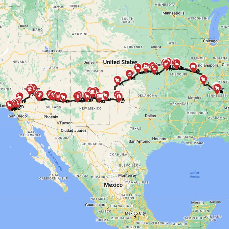 RV route planner for a motorhome trip from Nashville to Los Angeles